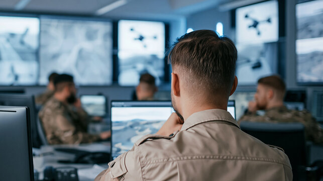 Soldier operating drone surveillance system in a modern military control room, monitoring remote operations