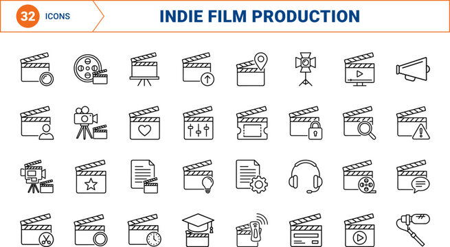 Student Film Clapperboard Web Icon Set in Linear Style. Collection of indie cinema line icons, including directing, filmmaking, scriptwriting, camera crew, scene slate, audio mixing.