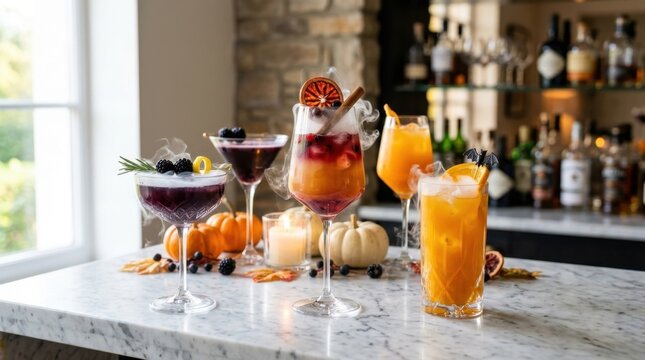 Autumn Harvest Cocktails: A vibrant collection of seasonal cocktails adorned with autumnal garnishes like blueberries and citrus slices.