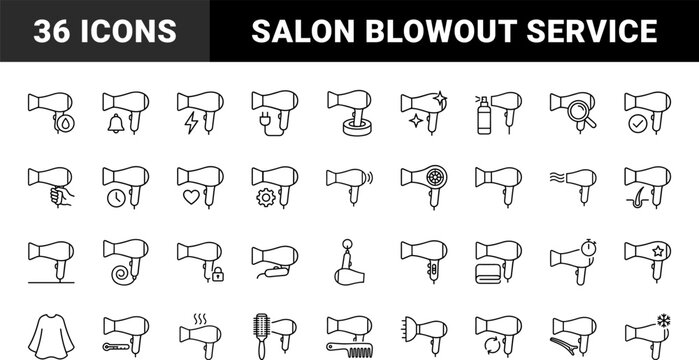 Hair Dryer Blow Drying Web Icon Set in Linear Style. Collection of salon styling line icons, including blowout, heat control, diffuser attachment, hair care, salon equipment, airflow.