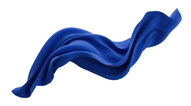 Ein elegantes, flie&szlig;endes St&uuml;ck blauer Stoff, das sich in einer dynamischen Bewegung durch die Luft bewegt und vor einem rein wei&szlig;en Hintergrund isoliert ist.