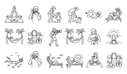 Obraz premium Wellness and Relaxation Icon Set with Meditation, Yoga, Massage, Swimming, Hammock, Spa, and Outdoor Leisure Activities