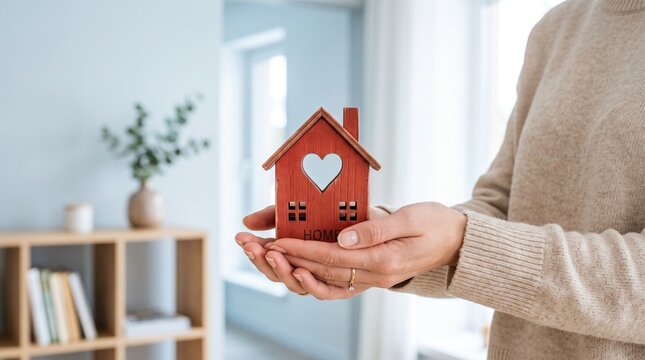 Person holding a small red wooden house with a white heart, symbolizing home, love, and real estate.