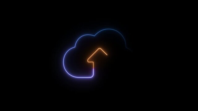 Neon cloud with a subtle upward arrow glowing in blue and orange on a dark black background