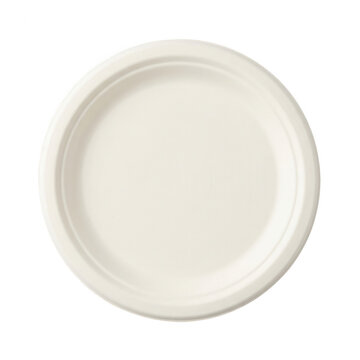 Ein einzelner, runder, wei&szlig;er Pappteller aus umweltfreundlichem, kompostierbarem Material, isoliert auf einem sauberen wei&szlig;en Hintergrund f&uuml;r nachhaltige Gastronomie-Konzepte.