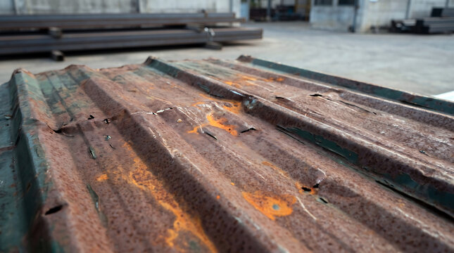 Close-up of a corrugated metal sheet with heavy rust patches, showing weathered texture and industrial storage yard background