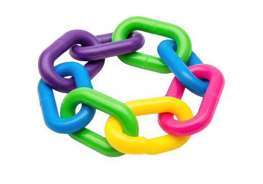 Interlocking plastic chain links in vibrant colors on transparent background