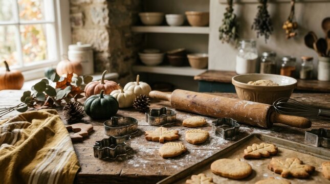 Autumn Baking Scene: A cozy, rustic kitchen counter is adorned with freshly baked autumn-themed cookies, pumpkins, gourds, and baking tools, evoking a warm and festive holiday spirit.