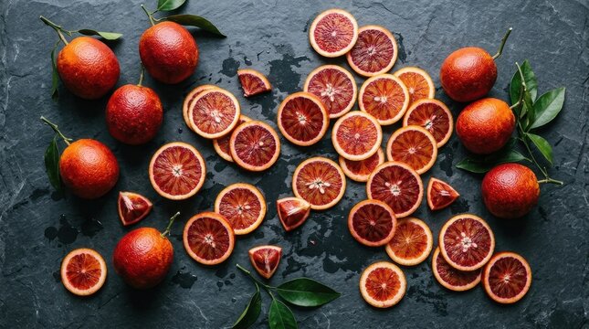 Blood Oranges Artfully Arranged: A vibrant display of fresh blood oranges, whole and sliced, scattered across a textured dark surface, garnished with green leaves.