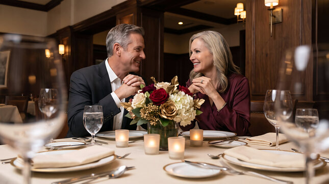 Couple smiling at each other during a romantic dinner in a dimly lit restaurant with wood paneling and a floral centerpiece