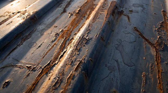 Close-up of corrugated metal sheet with peeling grey paint and deep orange rust streaks, illuminated by warm golden hour sunlight at an angle