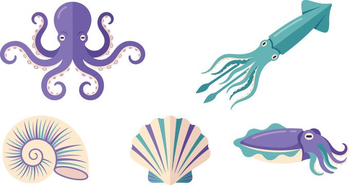 Marine Life Vector Icon Set Featuring Purple Octopus, Teal Squid, Cuttlefish, Spiral Nautilus, and Scallop Sea Shell for Ocean Conservation, Aquarium, and Educational Graphic Designs