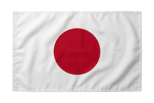 Die Nationalflagge von Japan mit rotem Sonnenkreis auf wei&szlig;em Stoff mit leichtem Faltenwurf, freigestellt vor wei&szlig;em Hintergrund.