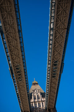 Looking up view of the Tower Bridge in London