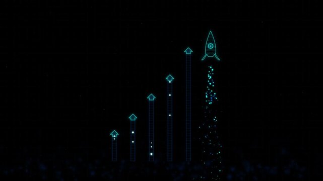 Digital rocket launching growth chart infographic, business success and startup concept animation
