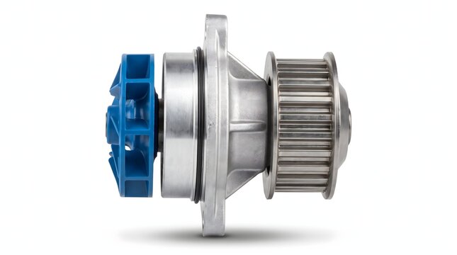 Automotive water pump with blue impeller for engine cooling system repair.
