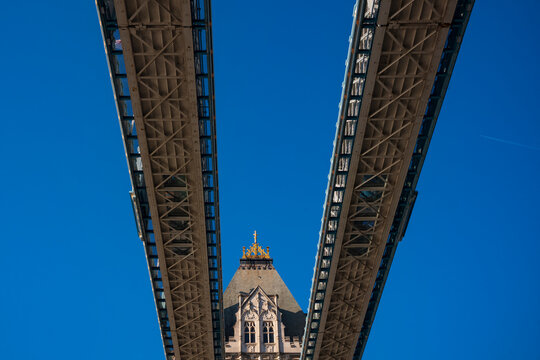 Looking up view of the Tower Bridge in London