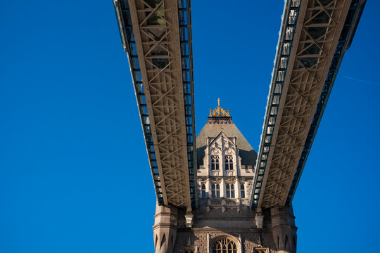 Looking up view of the Tower Bridge in London