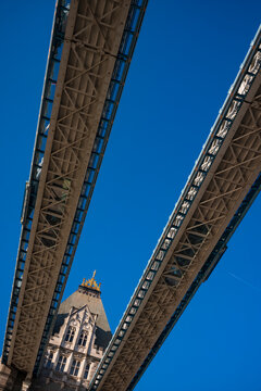 Looking up view of the Tower Bridge in London