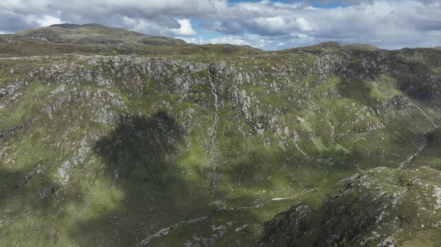 Aerial view of Scottish highland scenery near Eas a' Chual Aluinn, highest waterfall of the United Kingdom, in northern Scotland near NC500