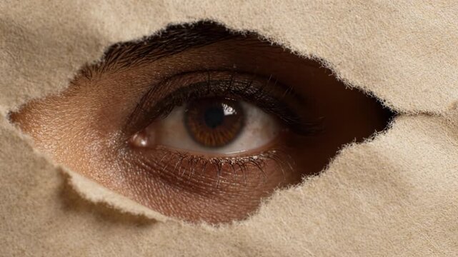 An Intriguing Glimpse Through Torn Paper Revealing a Captivating Eye with Rich Brown Hues, Evoking Curiosity and Mystery About What Lies Beyond the Surface.