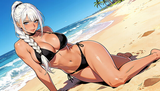 Stylized beach illustration of a white‑haired figure in a black bikini, arms raised, standing on bright sand with turquoise water and palm trees creating a sunny, tropical atmosphere.