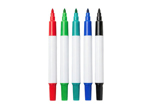 Five felt tip markers in red green teal blue and black on transparent background
