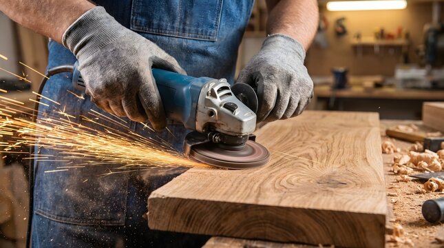 Carpenter grinds wooden plank with electric angle grinder tool.