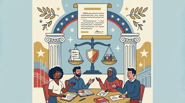 Diverse lawyers discussing legal document under scales of justice.