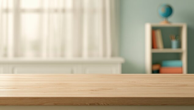 Empty Wooden Table in Front of a Bright Window and Bookshelf.