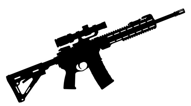 Black Silhouette of a Modern Tactical Rifle on White Background