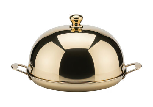 Golden serving dish with lid and handles sits on transparent background