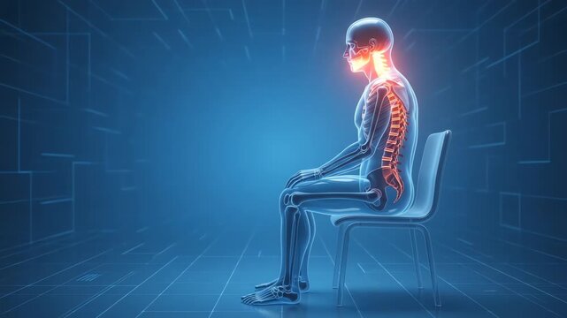 Anatomical figure sitting showing dynamic red glow on spinal nerves