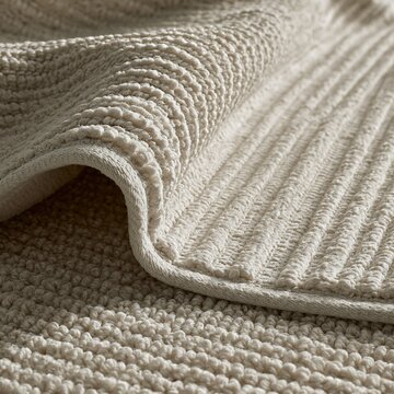 A close up of a folded beige cotton bath mat with a textured loop pile surface and stitched edges on a soft neutral background surface
