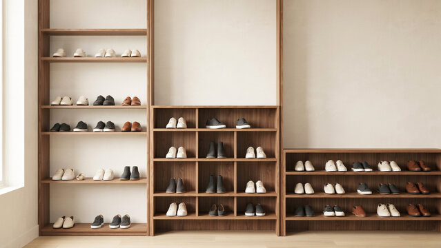 Wooden shoe shelves and storage units filled with various pairs of footwear in a room