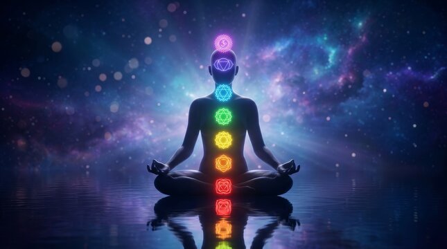 Vibrant energy patterns and seven glowing chakras on a faceless person in yoga pose.