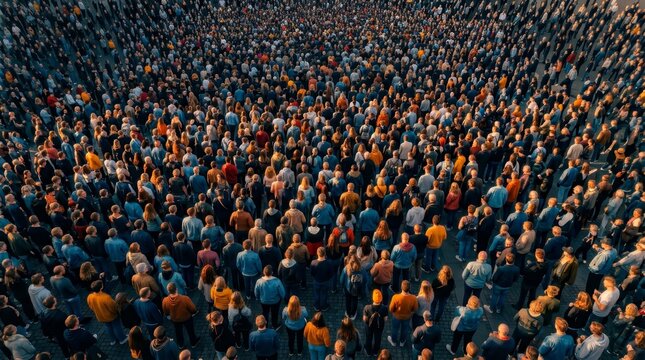 A massive, dense crowd of faceless people in a multicultural urban gathering, aerial view.