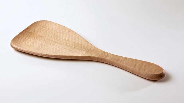 A flat, wide wooden spatula with a tapered edge and a smooth, ergonomic handle, crafted from light brown wood, isolated on a white background