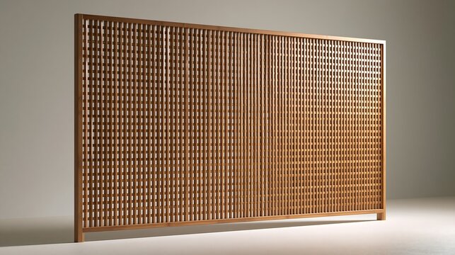 A large wooden room divider screen featuring a detailed grid pattern, standing on a plain light grey floor against a neutral studio background wall