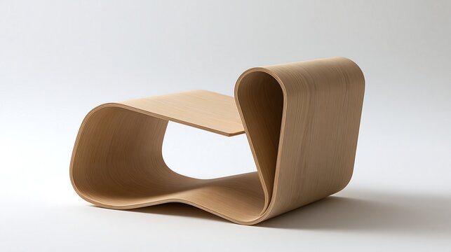 A light wood bent plywood side table with a unique flowing curved shape, isolated on a white background, for interior decor, and home furniture