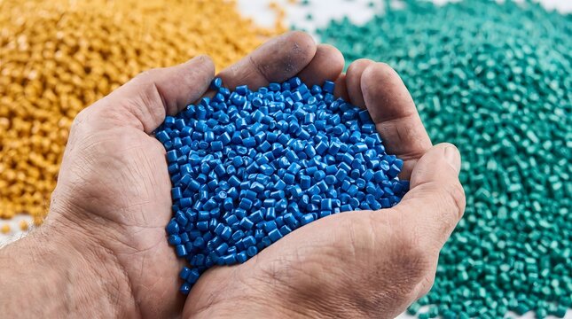 Hands holding blue plastic granules with colorful piles on background.