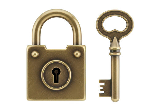 Antique padlock and skeleton key on transparent background lock metallic