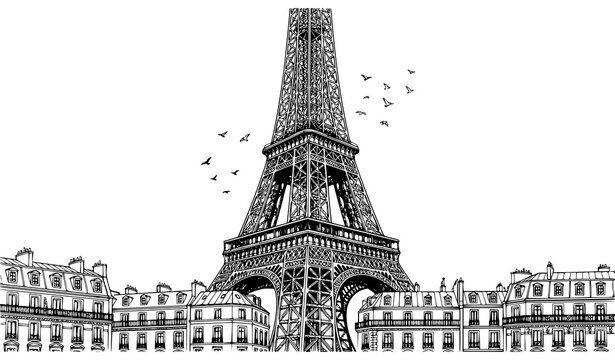 Eiffel Tower Paris Landmark Illustration with Historic Buildings, French Architecture, Cityscape, Travel, and Romantic Tourism Design