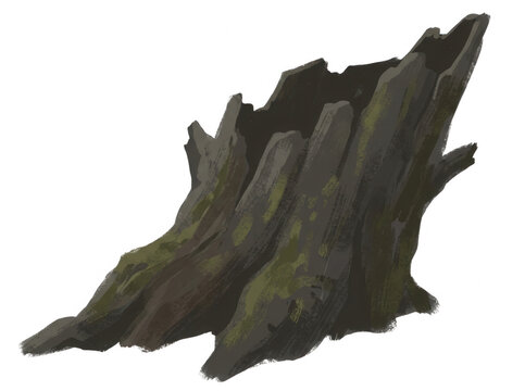 Un toc&oacute;n de &aacute;rbol viejo y desgastado con corteza oscura y texturizada, aislado sobre un fondo blanco, representando la naturaleza muerta y el ciclo de vida forestal en una ilustraci&oacute;n detallada.