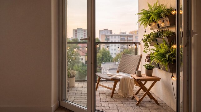 cozy apartment balcony with lounge chair plants and string lights
