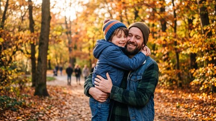 Fototapeta premium Happy father and son hugging in a golden autumn forest