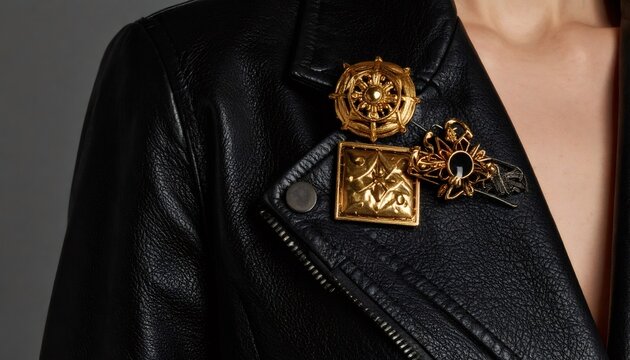 Woman wearing leather jacket decorated with gold brooches