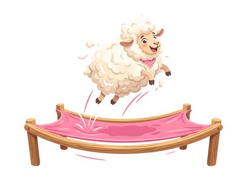 Cute cartoon sheep jumping on pink trampoline, happy fluffy lamb character, playful farm animal illustration on white background