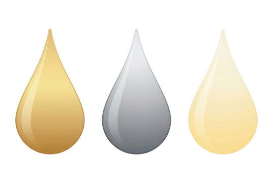 Conjunto de tres gotas de l&iacute;quido con diferentes colores y texturas brillantes sobre un fondo blanco aislado, ideal para dise&ntilde;o gr&aacute;fico, iconos o elementos de infograf&iacute;a creativa.