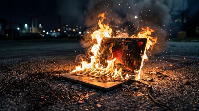 Laptop burning brightly at night with sparks and smoke.